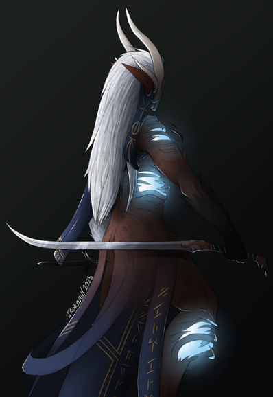 A vaguely female looking construct made of wood with flowing robes and white hair. She has an ivory coloured mask with horns and is wielding a sword and dagger. Along the shoulder, leg, and abdomen the wood is cracked and light blue glowing energy is visible within.