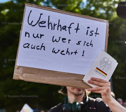 Eine Person hält ein Grundgesetz und ein Schild in die Kamera: "Wehrhaft ist nur wer sich auch wehrt!"