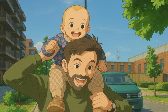 Father carrying baby on his shoulders outdoors