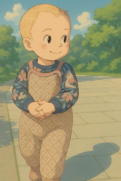 Smiling toddler walking in a park