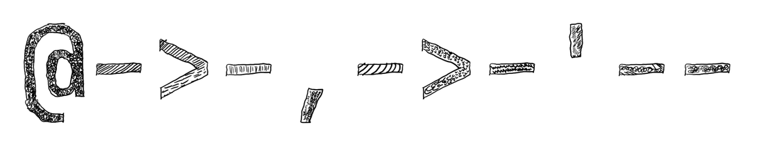 An ASCII rose, consisting of 
@->-,->-'--

(at sign, hyphen, greater than, hyphen, comma, hyphen, greater than, apostrophe, hyphen, hyphen)

...drawn as an outline from the JetBrains Mono font where each character is filled-in with fine details, scribbles, and lines.