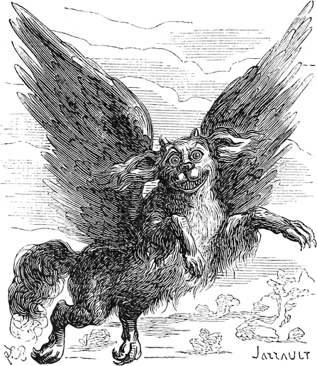 The demonic president Glasya-Labolas flies through the air on his griffin wings. Illustration by Louis Le Breton, for Jacques Collin de Plancy's "Dictionnaire Infernal."
