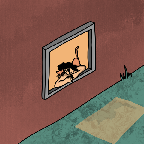 On voit une personne accoudée à la fenêtre avec son chat sur les épaules. Leur ombre est projetée au sol.