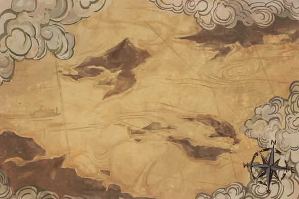 digital art of a stylized maritime map depicting a group of island shrouded in mist.