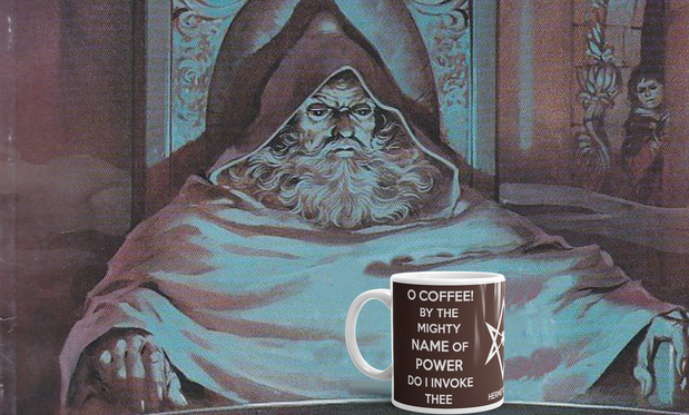 Pondering my orb meme illo of Saruman, but the orb is replaced by an old Patron merch mug with Crowley's invocation of coffee, text showing on the white mug is as in OP, in white font on coffee brown background.