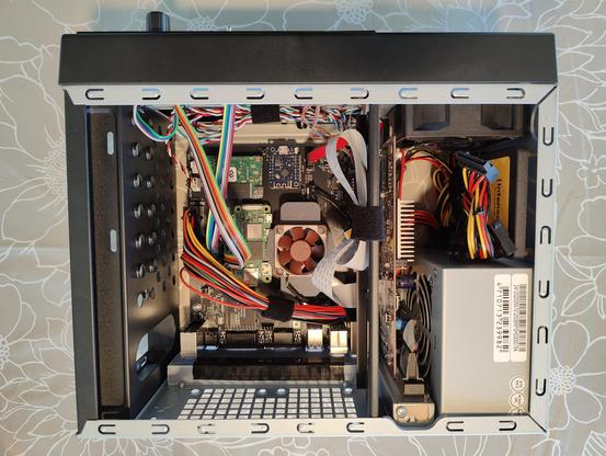 The inside of my ITX Llama build. All options on the motherboard: OPL3 module, GS WaveTable card, MT32-pi, wifi modem. SATA disk for Windows and SD card for DOS. Radeon 9250 card fitted.