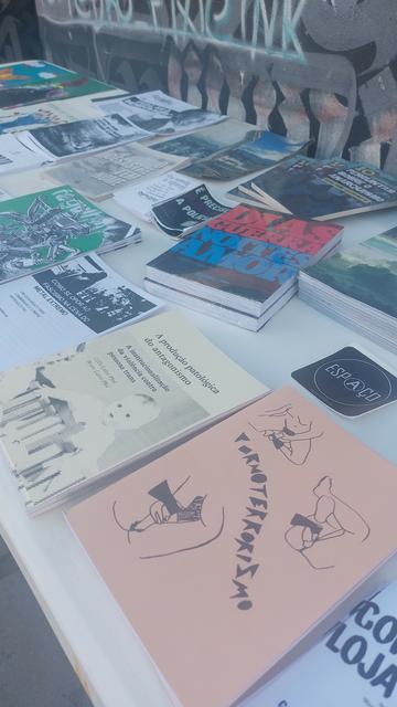 Foto de uma mesa com diversos livros e zines.
