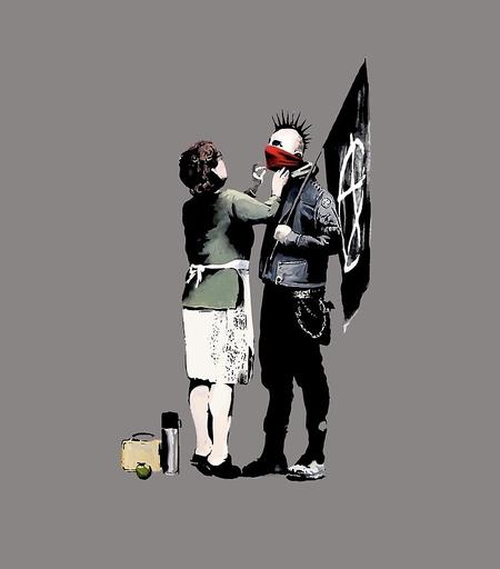 Artistically-filtered illustration from a photo. It’s a thin male boy with a spiked Mohawk, wearing a jean jacket, black jeans, and a chained wallet. He’s holding an anarchy flag over his shoulder. His mother is standing in front of him, adjusting just face mask. She has a bag and water bottle by her feet.