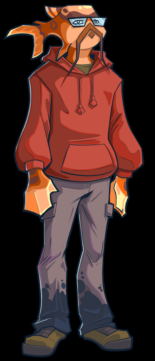 A half-man half-fish in a red hoodie, with glasses
