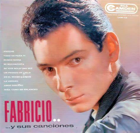 Portada del álbum de Fabricio, mostrando a un hombre joven con cabello oscuro y peinado hacia atrás, en un fondo colorido con el título del álbum y una lista de canciones.