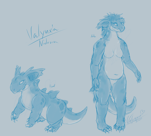 An feral and anthro version of valynxia as the pokemon Nidorina