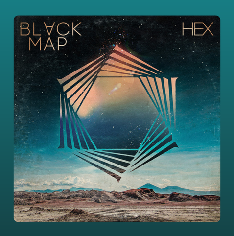 The album cover for Hex by Black Map features a surreal, cosmic design. At the center is a hexagonal shape formed by layered, angular lines that gradually expand outward, creating a dynamic, almost three-dimensional effect. Inside the hexagon is a gradient of warm, celestial hues, blending soft oranges and pinks, giving a sense of depth. The background contrasts sharply, depicting a vast, rocky desert landscape beneath a dark, star-speckled sky. The band name, BLACK MAP, appears in gold lettering in the top left, while the album title, HEX, is mirrored in the top right, both using a sleek, modern typeface.