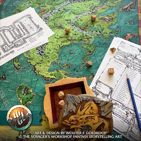 A photo of a very large full colour fantasy world map with character sheets, dungeon maps and a custom wood carved dice box with polyhedral dice.
