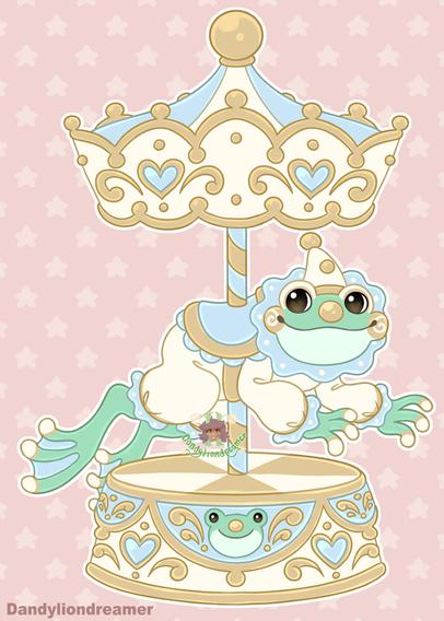 a digital drawing of a clown frog carousel!

the top carosel is colored with a bleu and  white striped circus top, with gold accents and hearts, the pole is colored gold and blue, the bottom carousel is also colored with blue and yellow and gold accents, there is a frog head in themiddle

the frog is green with a white clown hat, blue neck frill, white clown outfit with blue frills, and toes colores white, they have a gold clown nose and wear white andgold clown make up
