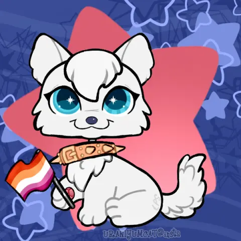 A solid white wolf in the art style of the 2000’s Littlest Pet Shop toys. She has light blue eyes, an orange collar with spikes on it and is holding a lesbian pride flag in her left front paw. Behind her is a pink star shape taking up most of the background. There are lighter blue stars strewn across the image behind it. Behind those is a deep blue background with more stars.