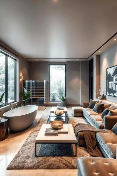 The photo shows an attractive, modern room, decorated in calm, neutral colors, which has 2 walls with large uncovered windows on them.  There are two very long sectional-type sofas on the right wall, and 2 stone-topped tables along with a large rug in front of them.  It looks like a swanky hotel lobby, if the room wasn't quite so narrow.

It's only after looking for a few seconds that you notice the free-standing bathtub in front of the window on the left, and (perhaps) a glass-sided shower tucked into the upper left corner of the room.

I'm at a loss to explain this room.