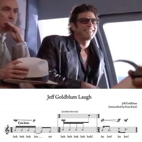 Screenshot from Jurassic Park, helicopter scene where Jeff Goldblum playing Dr Ian Malcolm, does his strange laugh.
Underneath, the laugh is shown as musical notes, titled "Jeff Goldblum Laugh"