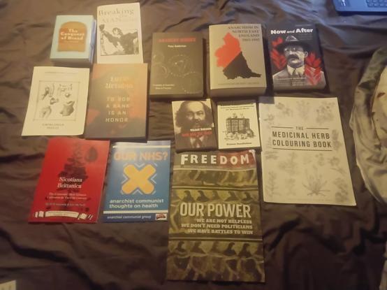 the books & pamphlets i bought at the radical bookfair:
freedom press paper, the medicinal herb colouring book, now and after-the abc of communist anarchism by alexander berkman, anarchism in north east england 1882-1992 by tyneside anarchists archive, god and the state by mikhail bakunin, radical companionship: rejecting pethood and embracing our multi-species world by aiyana good goodfellow, the conquest of bread part 1 by peter kropotkin, to rob a bank is an honour by lucia urtubia, anarchy works - examples of anarchist ideas in practice by peter gelderloos, nicotiana brittanica - the cotswolds' illicit tobacco cultivation in the 17th century by will simpson & jim mcneil, breaking the mantacles - an anti-patriarchy reader by andrew from bellingham WA, our nhs? - anarchist communist thoughts on health by the anarchist communist group.