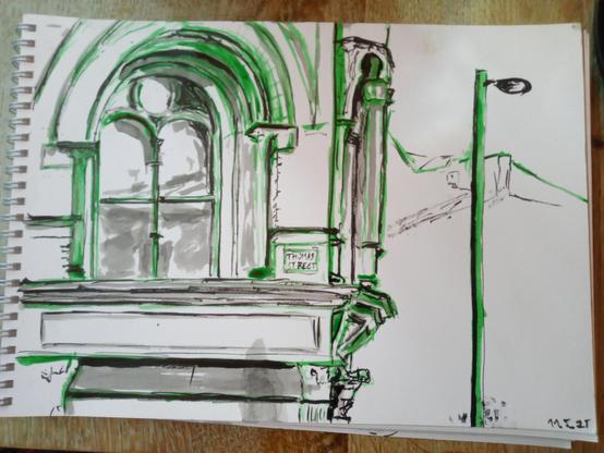 Sketch in bright green, grey, and black ink of corner or a building featuring second first story arched windows