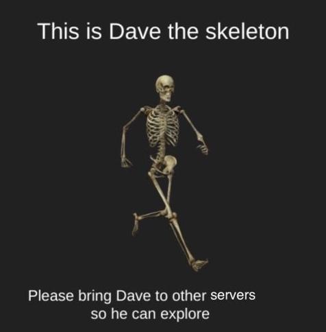 Picture of walking skeleton with this caption, "This is Dave the skeleton.  Please bring Dave to other servers so he can explore!"