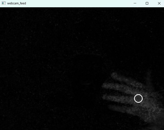 Screenshot of a program window labeled "webcam feed." The contents are mostly black, with a ghostly-looking image of a hand in the lower right corner. A white ring has been drawn near the hand's center.