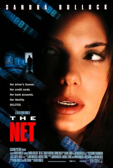 The image is a movie poster for "The Net," featuring Sandra Bullock. The background is dark with a blue digital theme, suggesting a cyber or technological setting. The title "THE NET" is prominently displayed in large red letters at the bottom. The name "SANDRA BULLOCK" is at the top in white capital letters. Below the title, there is a list of items that have been "DELETED," including her driver's license, credit cards, bank accounts, and identity. The poster includes a small inset image of a person standing in front of computer monitors, reinforcing the technological theme. The bottom of the poster lists the film's production details, including the director Irwin Winkler and the production company Columbia Pictures.

Provided by @altbot, generated privately and locally using Ovis2-8B

🌱 Energy used: 0.178 Wh