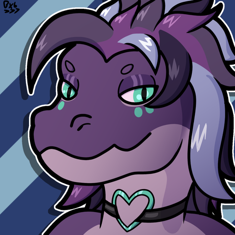 Close up headshit of a purple dinosaur character with a heart collar