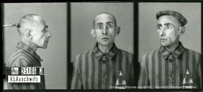 A mugshot registration photograph from Auschwitz. A man with a shaved head wearing a striped uniform photographed in three positions (profile and front with bare head and a photo with a slightly turned head with a hat on). The prisoner number is visible on a marking board on the left.