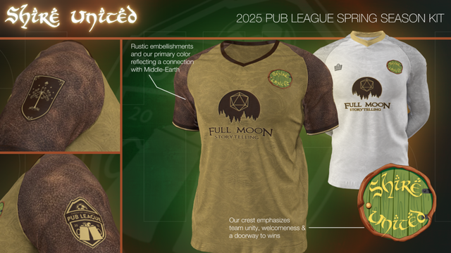 The image displays two jerseys for the "Shire United" 2025 Pub League Spring Season Kit. The primary jersey is golden with brown sleeves, featuring the "Shire United" emblem on the left chest. The emblem is circular with a green background and stylized text. Centered on the chest is the "Full Moon Storytelling" logo, depicting a geometric shape and a horizon silhouette. The secondary jersey is white with gold accents around the collar and sleeve cuffs, displaying the same logos. To the left, there are close-up views of emblems and textures: one shows a tree emblem, another shows a "Pub League" patch. The background incorporates a faded image of the jersey and various labels with descriptions.