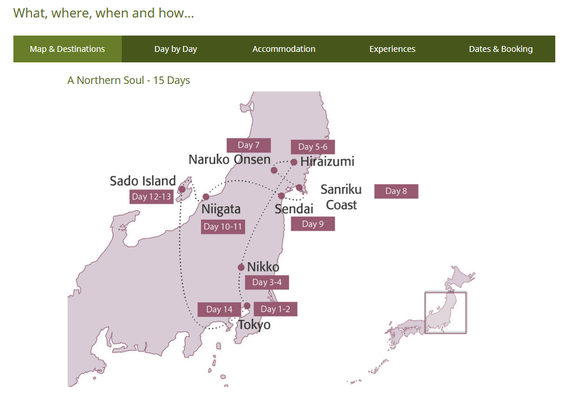 Screenshot from Inside Japan’s website of the “A Northern Soul” group tour. Tokyo, Nikko, Hiraizumi, Sanriku Coast, Sendai, Naruto Onsen, Niigata, Sado Island