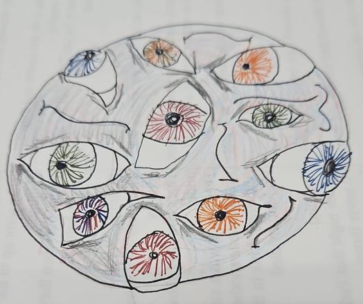 a drawing of a greyish-purpleish ball with to many eyes. the eyes are multi coloured and looking in various directions.
