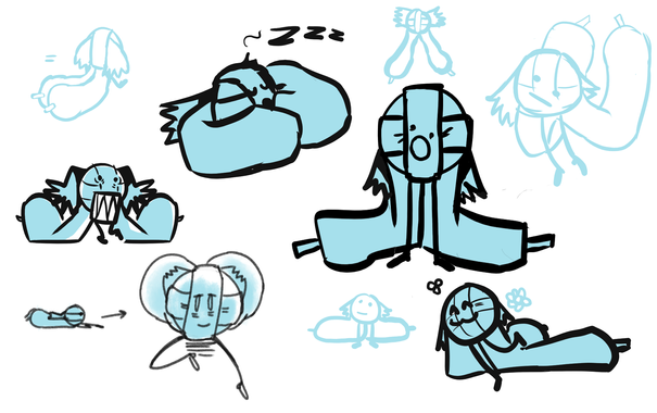 Various doodles of Laces, a pair of tied shoelaces with its bow cut off. They have little stick legs and a face plastered on where the tie is.