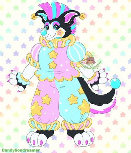 a husky dog fursona redesign to look like a clown! they have an overall pink blue white and yellow color scheme going on

she has a striped pink and blue mohawk, one inner ear is pink and the other is blue with yellow bells at the ends, she has a blue clown nose, yellow star pink swirled cheeks and pink blue above the eye makeup

neck frill is yellow with inner pink and blue, shirt it half pink blue with yellow stars down the middle and gold rim, sleeves are pink and blue with white stripes and yellow frills, at the wrist is another gold band with yellow and pink frills, the nails are colored pink, the pants are half pink blue with yellow star designs on each leg and yellow frills at the bottom, the tail is black white and pink with a blue pompom at the end

the background is a yellow with rainbow stars