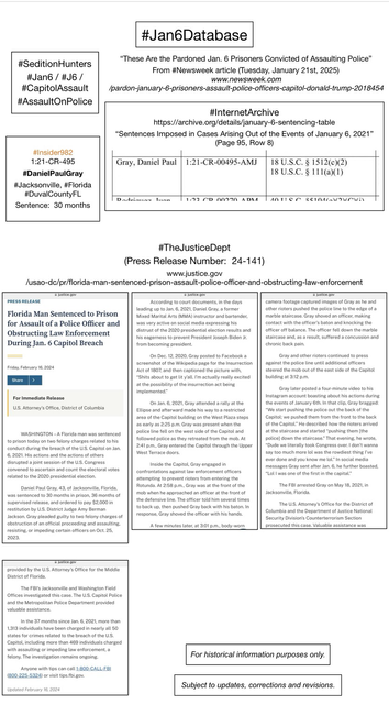 Screenshots of court information pertaining to convicted January 6th rioter Daniel Paul Gray (Jacksonville, Florida).
