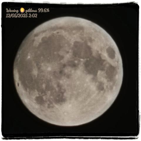 The image shows a detailed view of the Moon against a black background. The Moon is in a waxing gibbous phase, with 99.6% of its surface illuminated. The date and time displayed in the image are 12/05/2025 at 2:02. The surface of the Moon is visible with various craters and maria, which are dark, basaltic plains formed by ancient volcanic eruptions. The image has a square format with a slightly textured border, giving it a vintage appearance. The text Waxing 🌔 gibbous 99.6% is located in the top left corner, providing information about the Moon's phase and illumination.

Provided by @altbot, generated privately and locally using Ovis2-8B

🌱 Energy used: 0.166 Wh