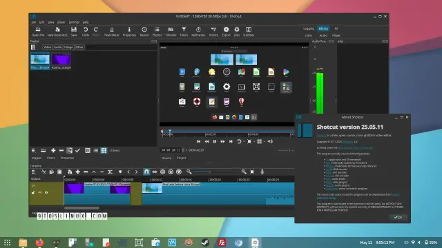 Screenshot of Shotcut 25.05 showing the main window while editing video clips and the About Shotcut dialog.