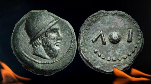 Hephaestus on a Bronze Onkia of Lipara 8.24 g, Calciati 6.

Obv, helmeted, bearded bust facing right.  Reverse ∧ • |
