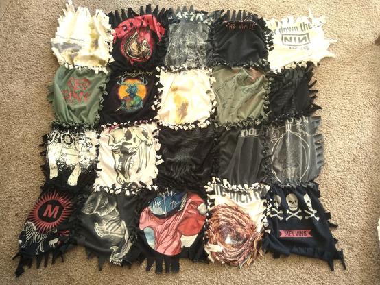 knotted blanket made of old music t-shirts