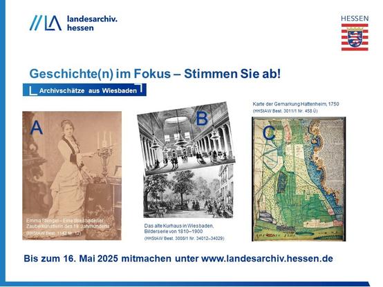 Plakat zeigt drei Bilder: Eine Frau mit Zauberstab, das Kurhaus in Wiesbaden und eine farbige Karte von Hattenheim