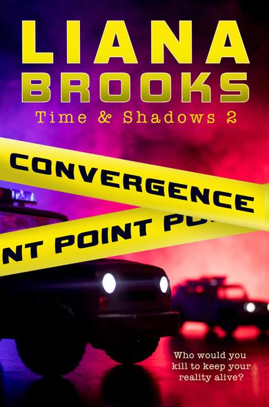 The cover for Convergence Point – Yellow police tape with the title is crossed in front of a scene with two silhouettes of black jeeps with lights on. The authors name, Liana Brooks, is at the top of the cover and the tag line, “Who would you kill to keep your reality alive?” is in the bottom right corner.