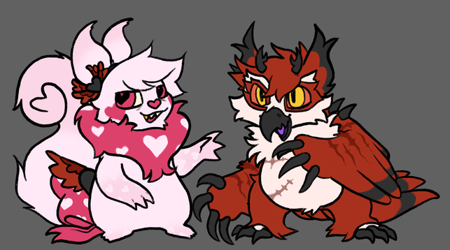 a valentine usul and darigan vandagyre that look suspiciously like angel dust and alastor from hazbin hotel.