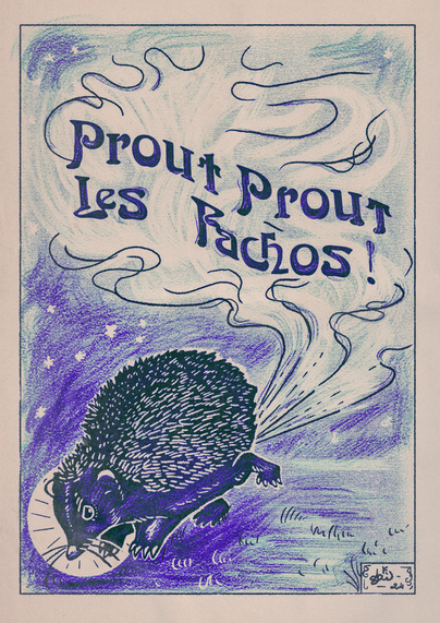 Illustration style Art Nouveau dans les tons bleus et violets avec un hérisson mécontent qui lâche un prout contre le fascisme.
