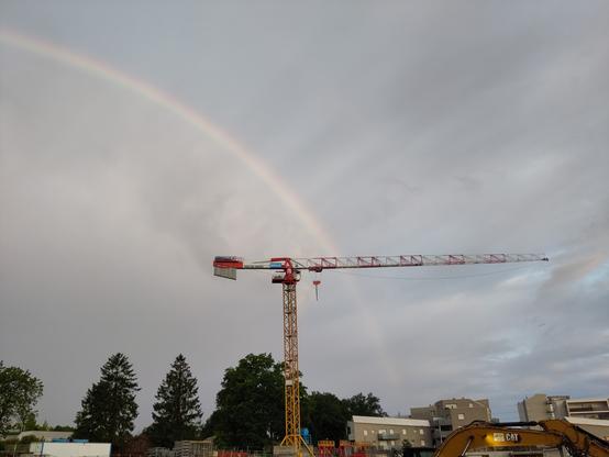 une grue avec un arc en ciel derrière