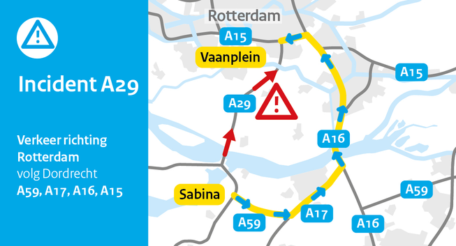 Incident A29. verkeer richting Rotterdam volg Dordrecht over de A59, A17, A16 en A15, vanaf knooppunt Sabina.