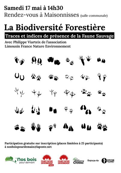 Flyer avec les infos protiques, illustrée de dessins de traces des pas d’animaux.
