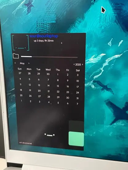 linux profile widget work in progress
contents include
ascii picture of ._. square
text of "sour@sourlaptop" and uptime
file system usage bar
calendar
face thats supposed to be on the green battery but isnt
wifi network