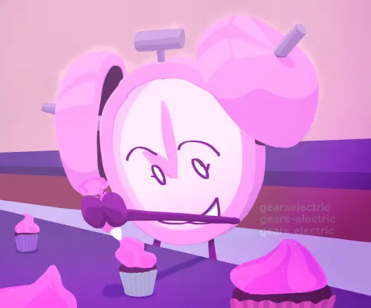 Art of my object OC, Pink Alarm Clock, in a kitchen, happily putting frosting on cupcakes.