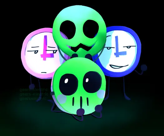 Art of my OC, Pink Clock, in a group of his different identities he’s taken on. He looks tired, a blue version of him seems to smirk, and the two ho,d uo a green mask. Another version of him lays on the ground, wearinf a different green mask.