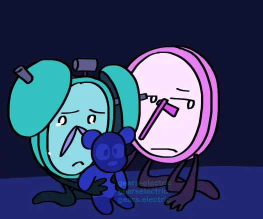 Art of my OCs, Timey and Pink Clock. They are children, sitting on the ground. Timey cries, holding a stuffed bear. Pink Clock seems to stare away.