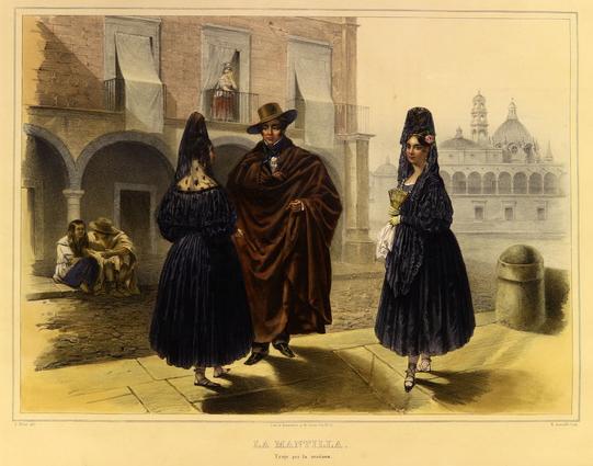 Fina ilustración a color de un grupo de mexicanos en la calle. En frente hay dos damas vestidas de mantilla y vestido negros, una con abanico en la mano, y un señor con sombrero de alas y una capa marrón.